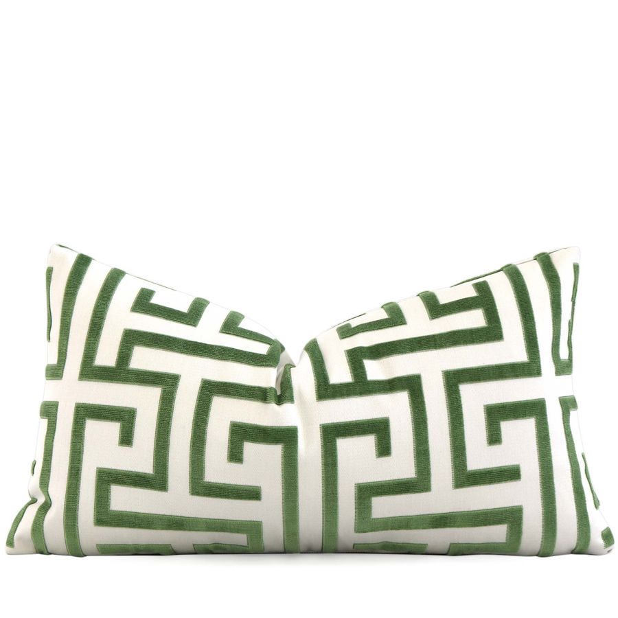 Green and White Greek Key Maze Lumbar Rectangle Pillow Cover with Zipper, Chinoiserie Pillow Cover, Velvet Cushion, Geometric Velvet Accent added by Spoak Member