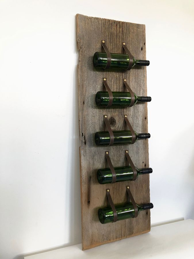 Barnwood 5 bottle wine rack or magazine holder, recycled leather, #2 added by Spoak Member