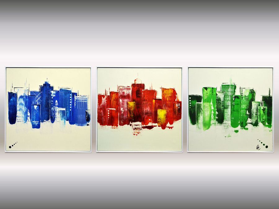Framed abstract acrylic painting, art on canvas, cityscape added by Spoak Member