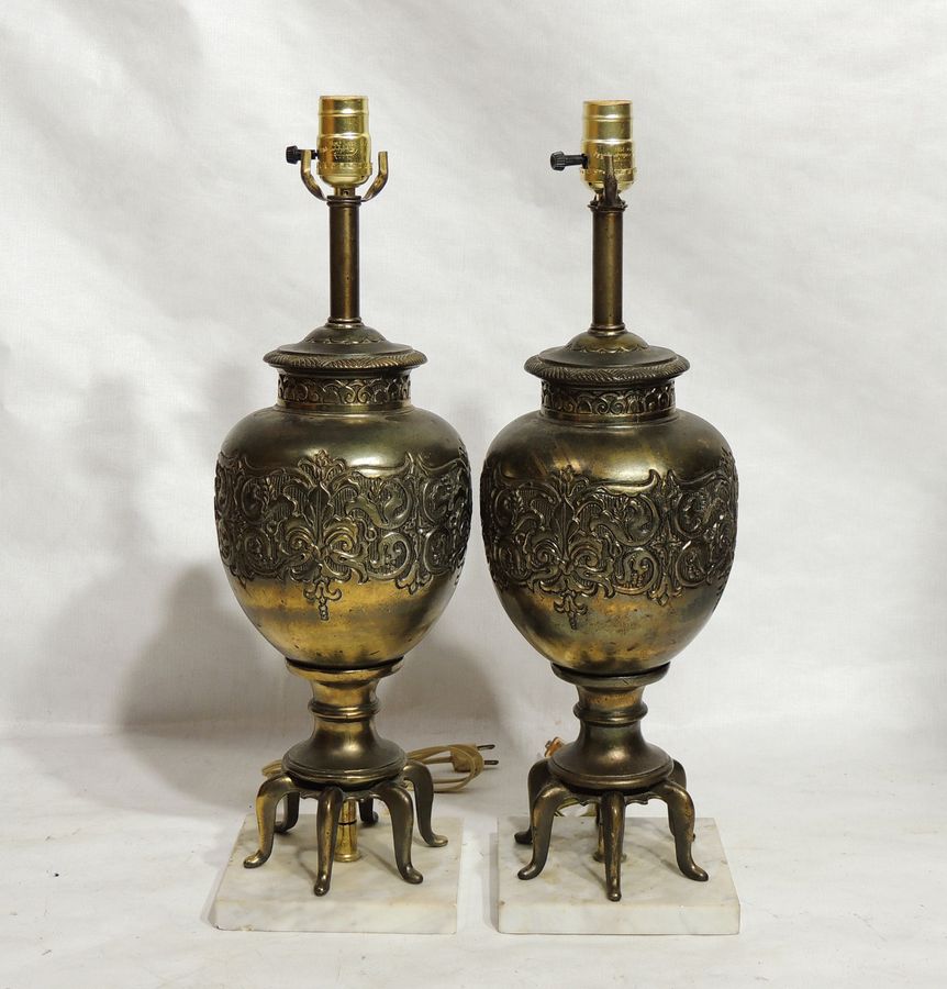Set of 2 Vintage Empire Style Metal Vase Table Lamps Patina added by Spoak Member
