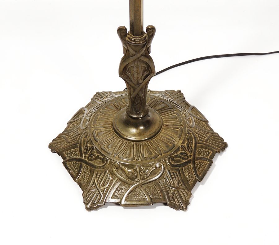 Art Deco Era Metal Three Light Floor Lamp with Capiz Shade added by Spoak Member