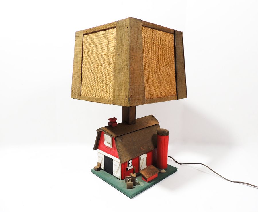 Vintage Rustic Wood Red Barn House Table Lamp with Woven Shade added by Spoak Member