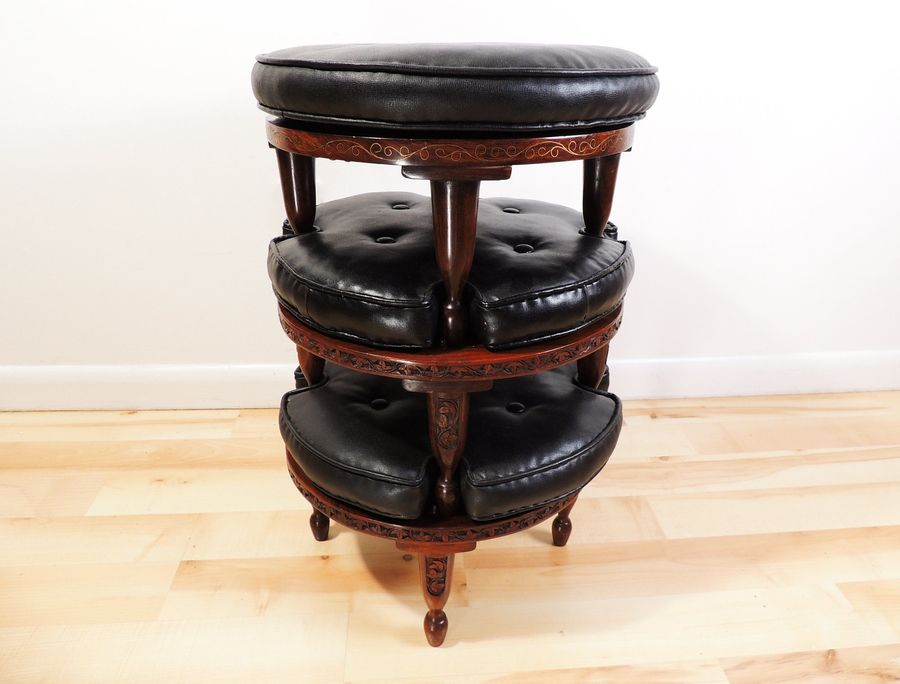 3 Vintage Oriental Solid Wood Black Vinyl Low Tea Stools carving accents added by Spoak Member