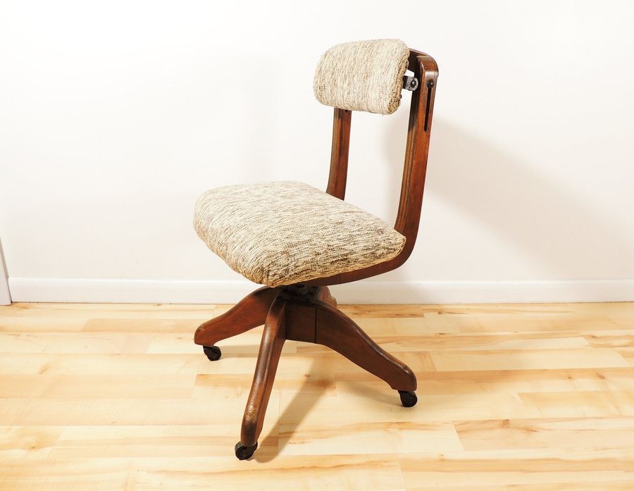 Vintage Domore Wood Cloth Adjustable Sliding Seat Rolling Desk Chair added by Spoak Member