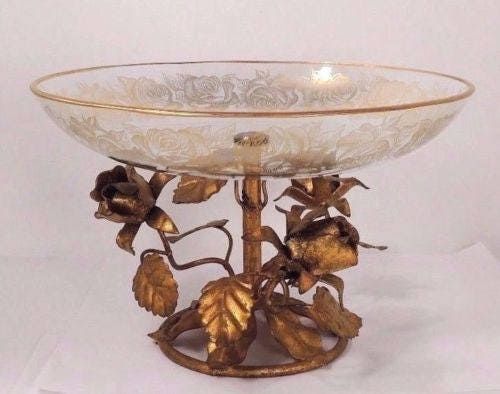 Vintage Hollywood Regency Gilt Tole Rose Glass Fruit Bowl Ice Bucket Candy Dish Italy added by Spoak Member