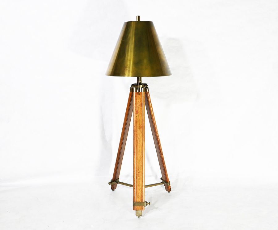 Vintage Nautical Height Adjustable Tripod Wood Floor Lamp with Brass Shade added by Spoak Member
