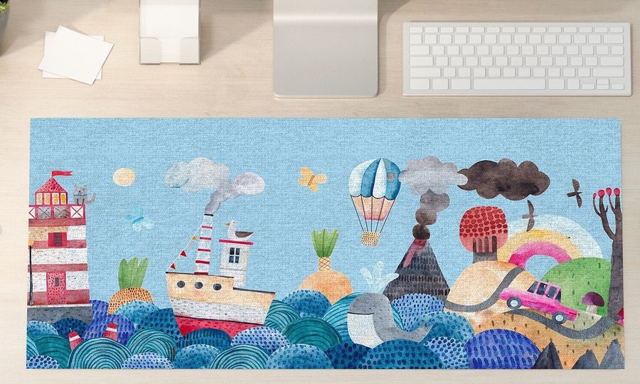 Vinyl Trendy Desk mat, Colorful Beautiful blue ocean costal with A ship, air balloon  pattern, desk protector, PVC mat, décor mat - Art Mat added by Spoak Member
