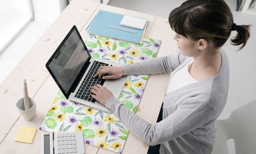 Vinyl Trendy Desk mat, Purple and yellow groundsel floral desk protector, Botanical mat, Desk blotter, PVC mat, decorative mat - Art Mat added by Spoak Member