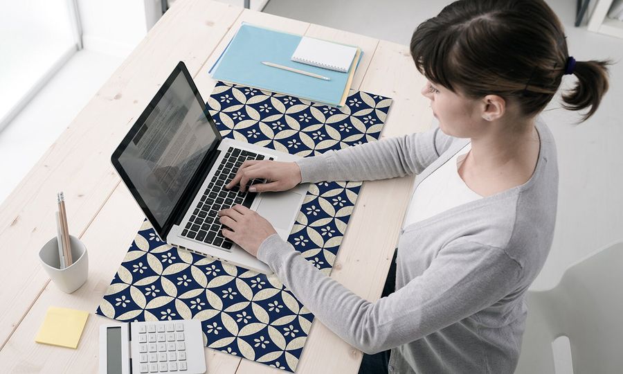 Vinyl Trendy Desk mat, with blue and beige vintage pattern, desk protector, Botanical mat, Desk blotter, PVC mat, decorative mat - ArtMat added by Spoak Member