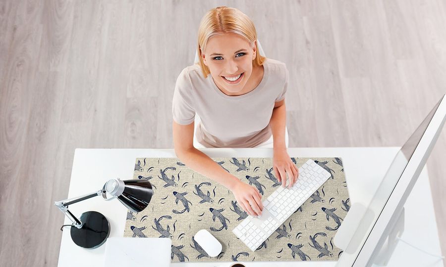 Vinyl Trendy Desk mat, Japanese koi fish in blue on beige, desk protector, Botanical mat, Desk blotter, PVC mat, decorative mat - ArtMat added by Spoak Member