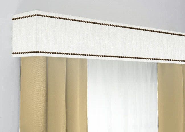 Custom Cornice Board Pelmet Box Window Treatment in White with Nailhead Trim - Custom Curtain Topper in Modern White Fabric Nail Head added by Jamie Stellato
