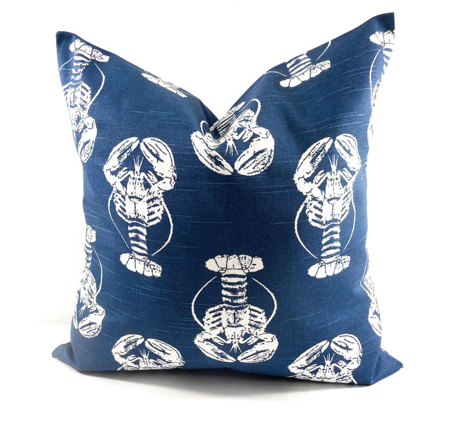 Navy Blue Pillow Cover. Beach Pillow Cover. Lobster Print. Beach house decor. Blue and white Sham Pillow case. Select your size. added by Spoak Member
