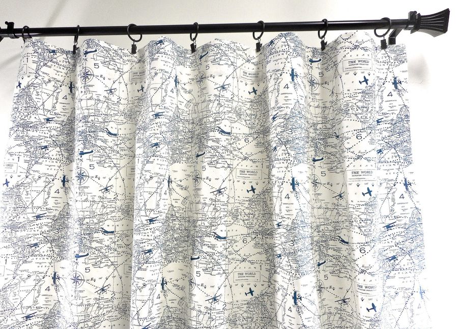 Map Curtain.  Air traffic. Navy and White 2 panel curtain.  Window Treatment. Cotton.unlined.Designers. Choose size added by Spoak Member