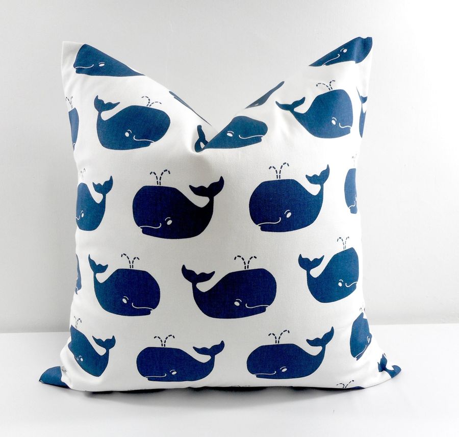 Nautical Pillow Cover. Whale Pillow. Blue. Kids room pillow.  Whale. White & Blue Pillow. Animal Print cover. Cushion Covers. cotton. added by Spoak Member