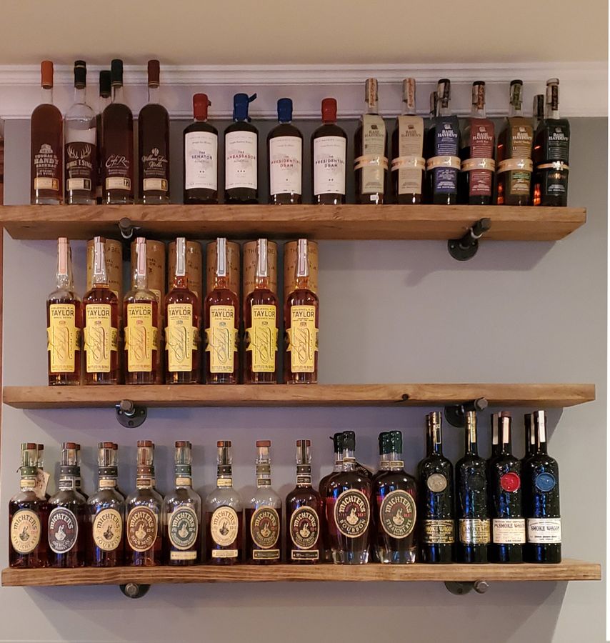 Single Long Various Depth Rustic Floating Shelf, Two Iron pipe brackets, Whisky Bar Farmhouse Kitchen Shelf, Pantry Storage & Organization added by Spoak Member