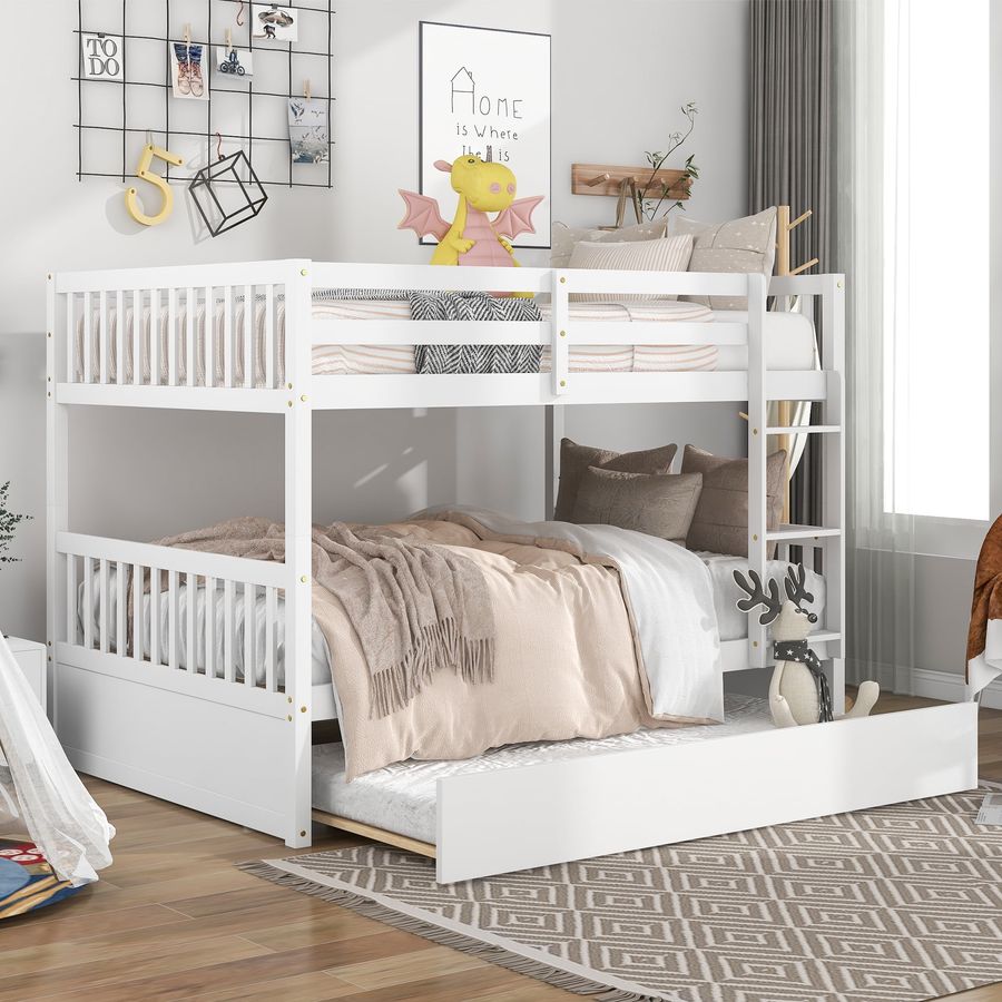 Full over Full Bunk Bed with Trundle, Convertible to 2 Full Size Platform Bed, Full Size Bunk Bed with Ladder and Safety Rails for Kids, Teens, Adults，White - Walmart.com added by Liz Kirby