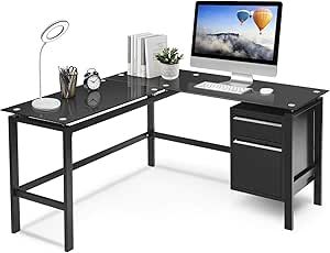 L Shaped Home Office Desk, Pataku Corner Computer Desk Modern Study Writing Table with 2 Drawers, Tempered Glass Desktop, Metal Frame, Black added by Spoak Member