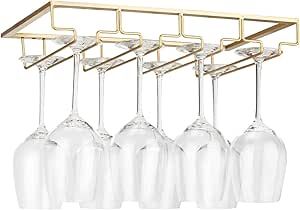 Wine Glass Rack Under Cabinet - Stemware Holder Metal Wine Glass Organizer Glasses Storage Hanger for Bar Kitchen Gold 4 Rows added by Rescued Room Design