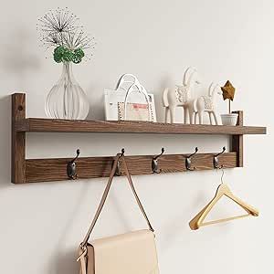 AMBIRD Wall Hooks with Shelf 28.9 Inch Length Entryway Wall Hanging Shelf Wood Coat Hooks for Wall with Shelf Wall-Mounted Coat Hook Rack with 5 Dual Hooks for Bathroom, Living Room, Bedroom (Brown ) added by Chelsea Alysa