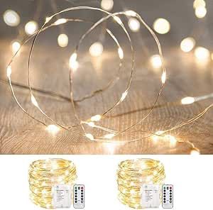 ANJAYLIA 2 Pack 33ft 100 LED Fairy Lights Battery Operated, Waterproof Twinkle String Lights, Copper Wire Dimmable Firefly Lights with Remote Control Timer, Warm White added by Ashley Hastings