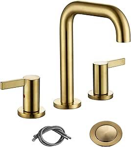 RKF Solid Brass Two Handle Widespread Bathroom Sink Faucet with METAL Pop-up Drain with overflow and CUPC Supply Hoses,CWF028-BG,Brushed Gold added by Sarah Jackson