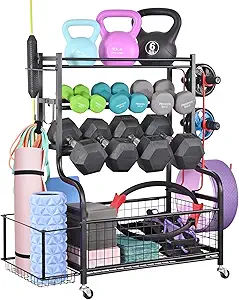 PLKOW Dumbbell Rack, Weight Rack for Dumbbells, Home Gym Storage for Dumbbells Kettlebells Yoga Mat and Balls, All in One Workout Storage with Wheels and Hooks, Powder Coated Finish Steel added by Rachel Fedorov