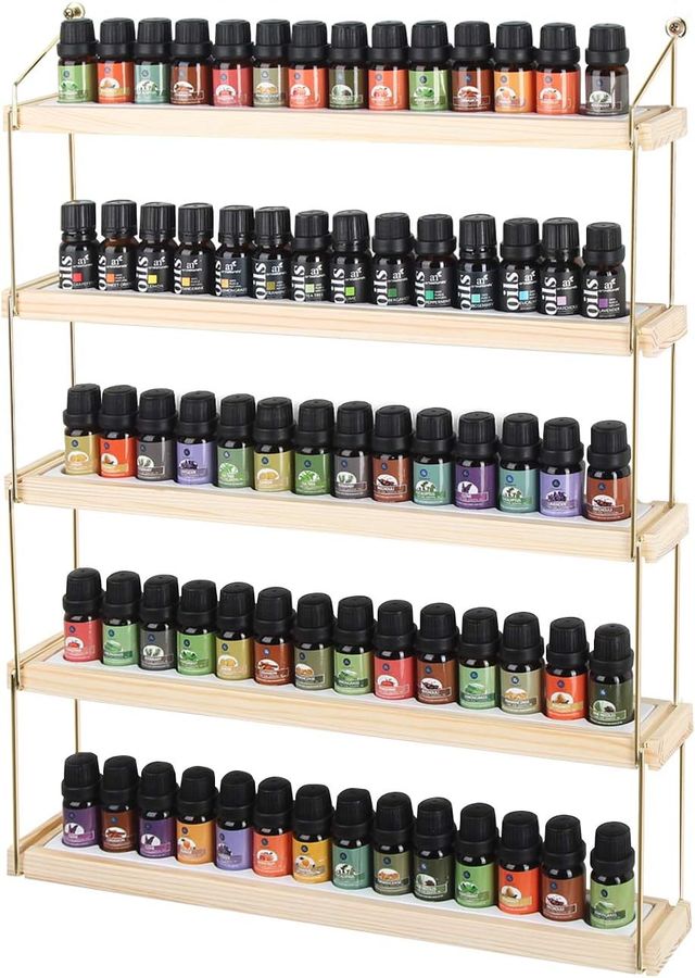 Wall Mount Essential Oils Display Shelf with 5 Tier for 70 Bottles Holder Gold Frame and Wood Rack Organizer - MK482B added by Spoak Member