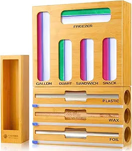 Calmbee Plastic Wrap Dispenser with Cutter and Ziplock Bag organizer, 9 IN 1 Bamboo Foil and Plastic Wrap Organizer for Kitchen Drawer, Ziplock Bag Storage Organizer for Gallon,Quart,Sandwich,Snack added by Rachel Fedorov