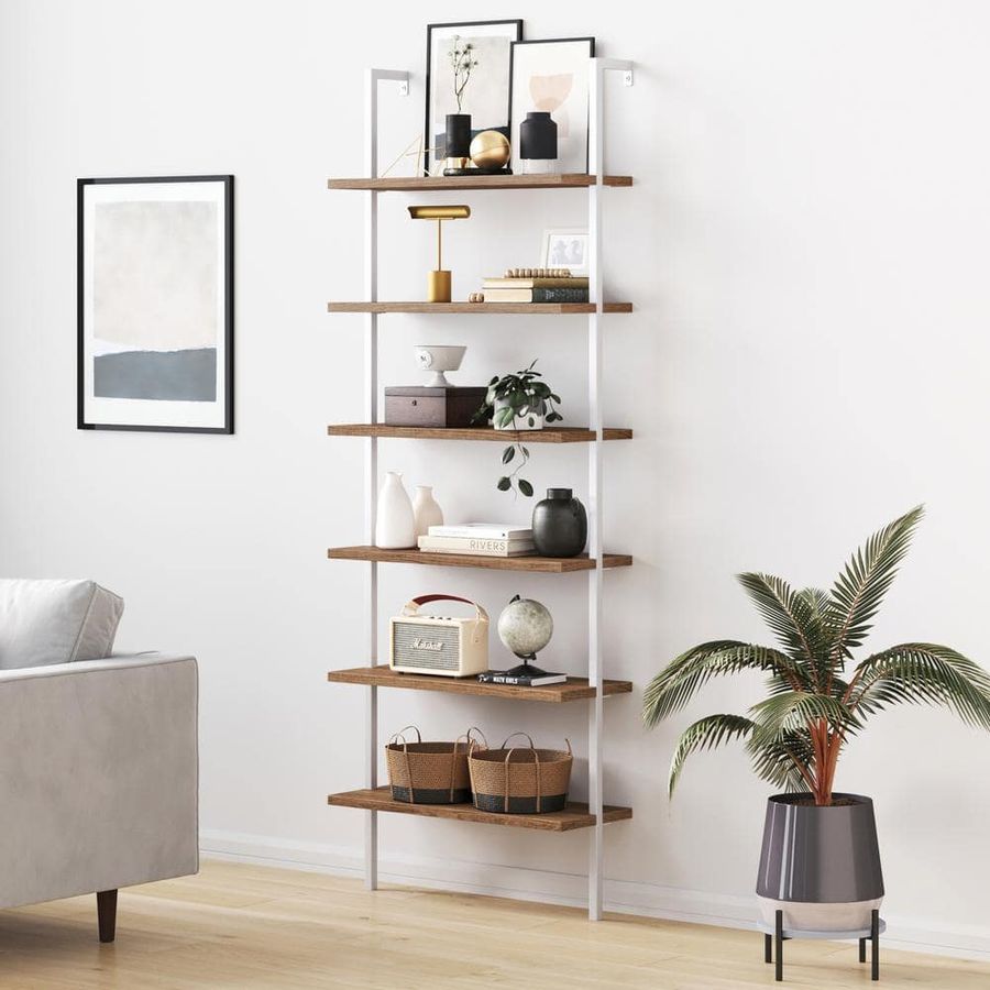 Nathan James 30 in. Wide Rustic Oak/White 6-Shelf Tall Ladder Bookcase Wall Mount Bookshelf Matte White Metal Frame 65602 - The Home Depot added by RMG Creative