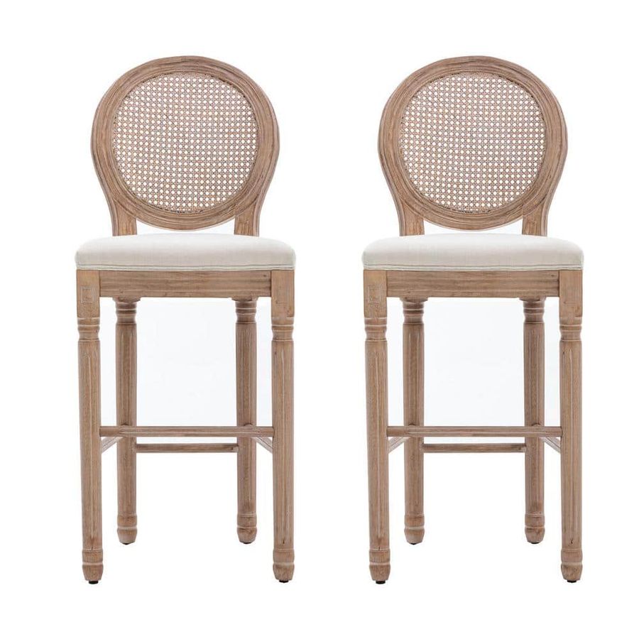 mieres French Style 46.5 in. Natural Rattan High Back Solid Wooden Frame Bar Stool with Linen Fabric Seat (Set of 2) LLPW21236874 - The Home Depot added by SABi iNTERIORS