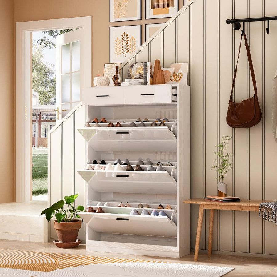 FUFU&GAGA 51.8 in. H x 31.5 in. W Mirrored Drawers Glossy Shoe Storage Cabinet in White With 5-Drawers Fits up to 24-Shoes KF330071-01 - The Home Depot added by Rachel Fedorov
