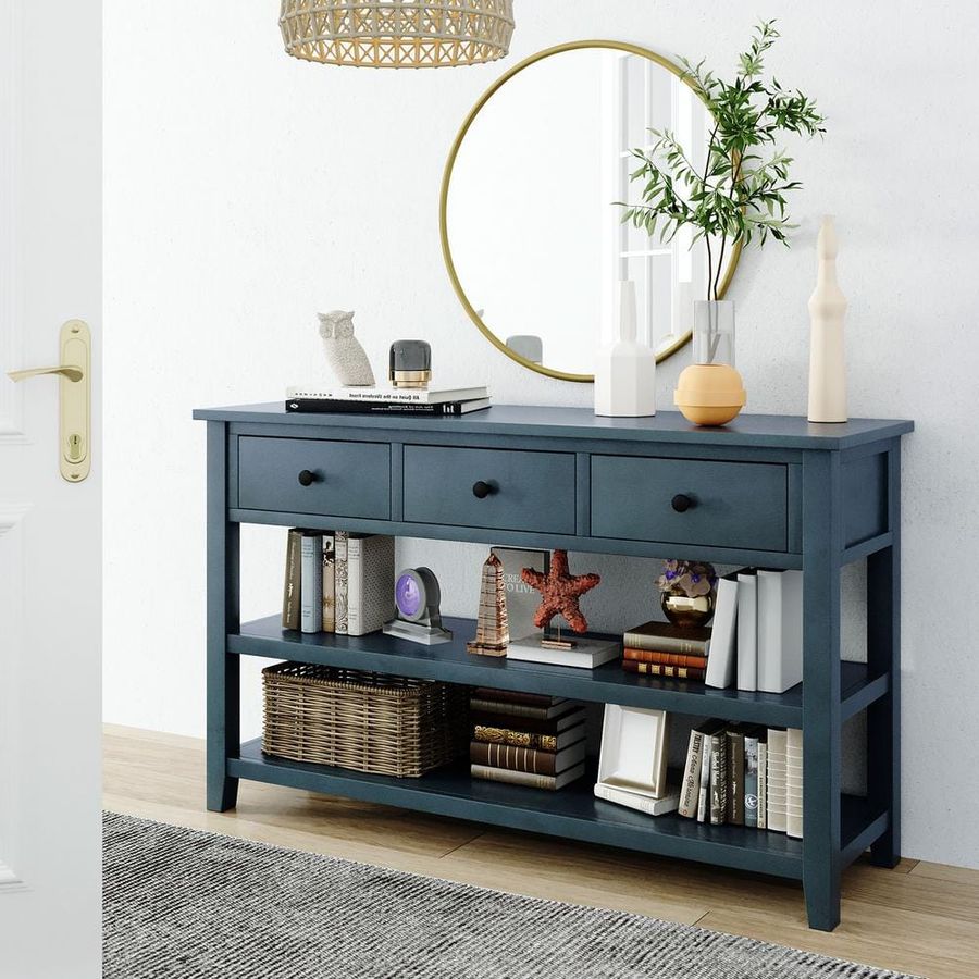 Retro 50 in. Navy Blue Standard Rectangle Console Table with Pine Solid Wood 3-Top Drawers and 2-Open Shelves added by Amy Burrell