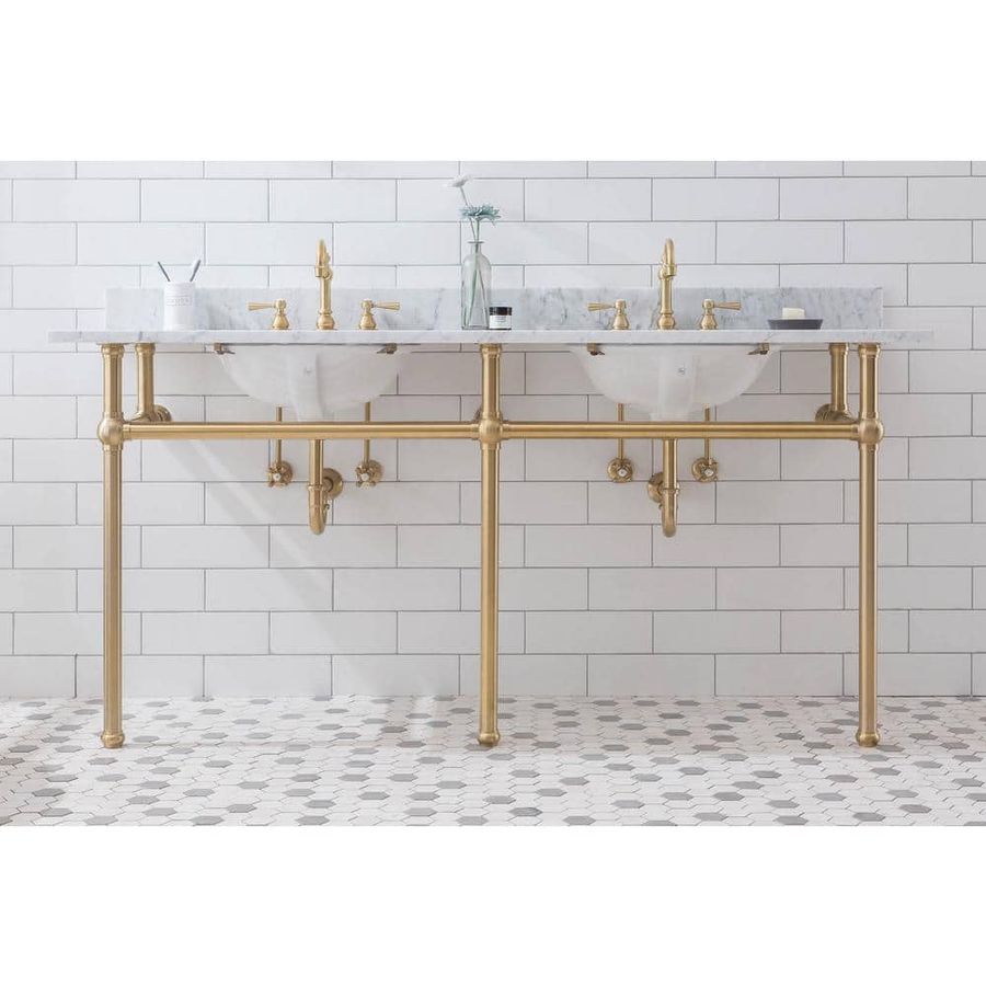 Water Creation Embassy 72 in. Double Sink Carrara White Marble Countertop Washstand in Satin Gold PVD with P-Trap and Faucet EB72D-0612 - The Home Depot added by Rocio Del Bosque