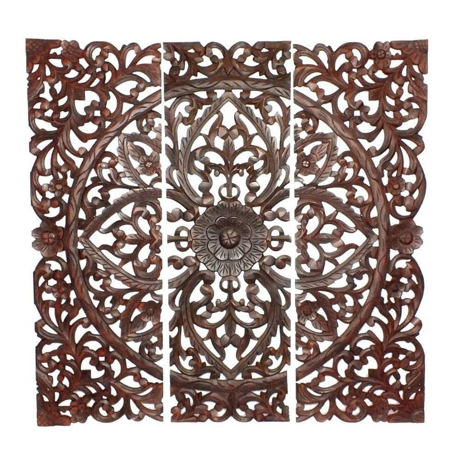 Benzara Three Piece Brown Wooden Wall Panel Set with Traditional Scrollwork and Floral Details BM00067 - The Home Depot added by Bruna Renovato