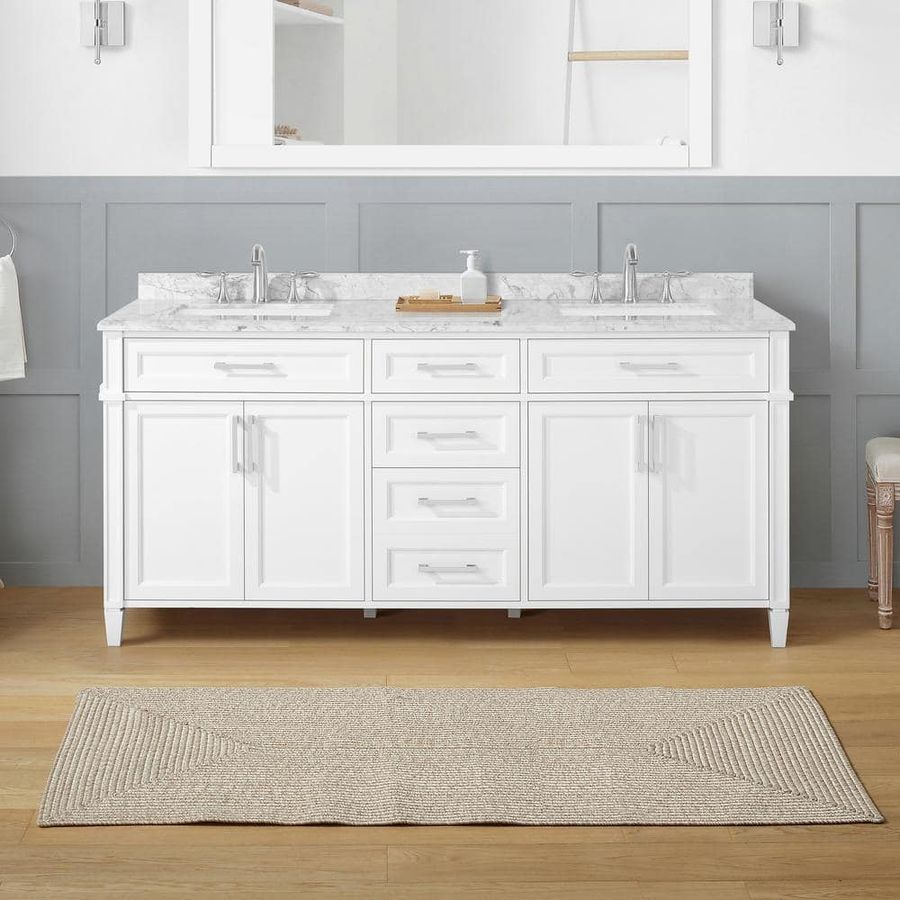 Home Decorators Collection Caville 72 in. W x 22 in. D x 34.5 in. H Double Sink Bath Vanity in White with Carrara Marble Top with Outlet Caville 72W - The Home Depot added by Jesse Coleman
