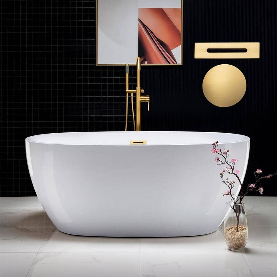WOODBRIDGE Samantha 59 in. Acrylic FlatBottom Double Ended Bathtub with Brushed Gold Overflow and Drain Included in White HBT5566 - The Home Depot added by Spoak Member