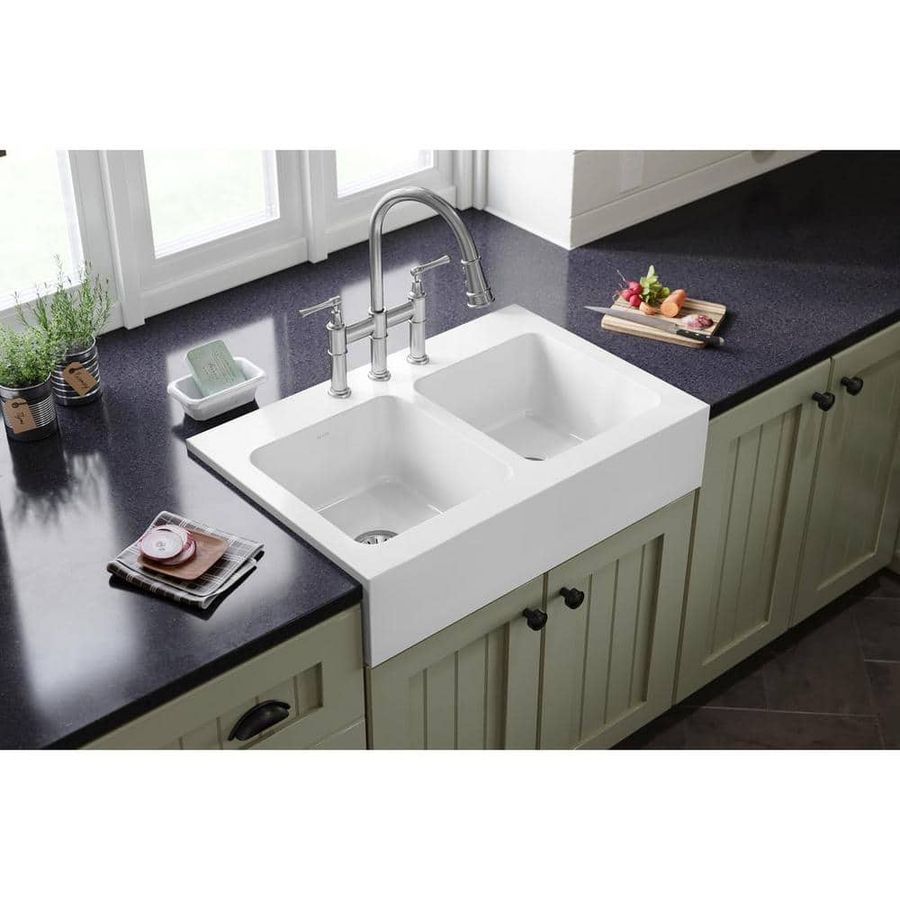 Elkay Burnham White Fireclay 34 in. Double Bowl Drop-In Farmhouse Apron Kitchen Sink HDDB3322FC added by Rachel Fedorov