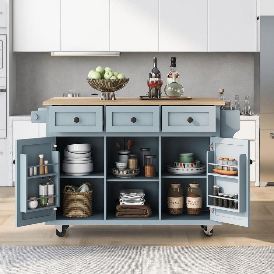 Blue Rubber Wood Desktop 53 in. W Kitchen Island on 5-Wheels with Storage Cabinet and 3-Drawers VJ026KIsland2 - The Home Depot added by KATHERINE ECK