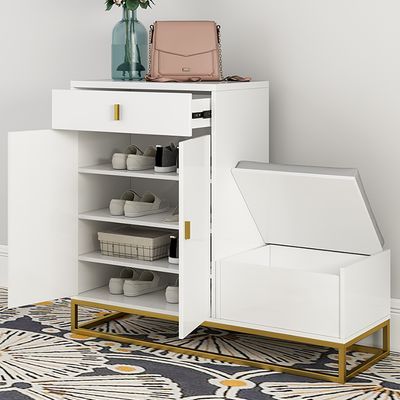 White Shoe Storage Bench 4 Shelves PU Leather Upholstered Shoe with Drawers & Flip Top-Homary added by Rachel Fedorov