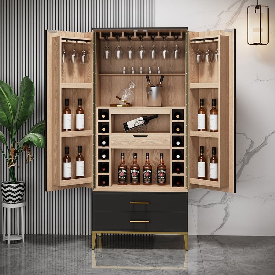 Black Bar Cabinet with Door Modern Storage Home Bar Cabinet with Glass Rack&amp;Drawers added by Nikita Sheeley