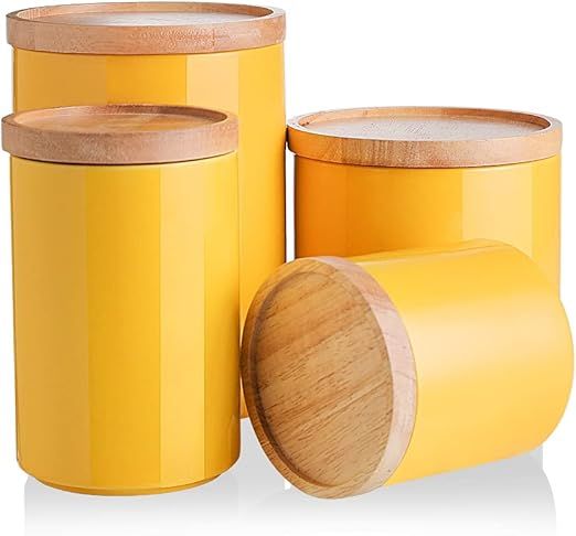 Sweejar Kitchen Canisters Ceramic Food Storage Jar Set, Stackable Containers with Airtight Seal Wooden Lid for Serving Ground Coffee, Tea, Herbs, Grains, Sugar, Salt and More - Set of 4 (Yellow) added by Hillary Giampietro