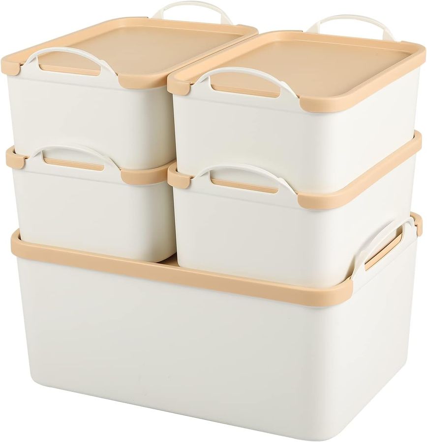 ANMINY Lidded Plastic Storage Bins Set White Desk Basket Box Drawer Organizer Kitchen Food Container with Handles Removable Lids Decorative Clothes Laundry Closet Cabinet Shelf Cube - 1 Large 4 Small added by Rachel Fedorov