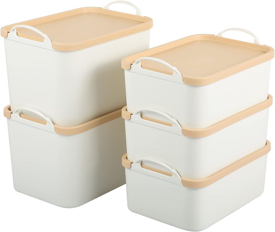 ANMINY Lidded Plastic Storage Bins Set White Desk Basket Box Cube Drawer Organizer Kitchen Food Container with Handles Removable Lids for Cosmetic Makeup Bathroom Countertop Dresser - 2 Medium 3 Small added by Rachel Fedorov