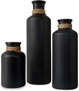 Matte Black Ceramic Vase Set, 3 Small Rustic Decorative Vases for Modern Farmhouse Office Home Decor, Living Room Centerpieces Decoration, Flower Vases for Table Mantel Entryway Shelves Decor added by Nomadic Nooks