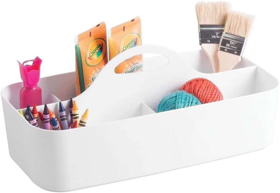 mDesign Plastic Portable Craft Storage Organizer Caddy Tote, Divided Basket Bin with Handle for Craft, Sewing, Art Supplies - Holds Paint Brushes, Colored Pencils, Stickers, Glue, X-Large - White added by Rachel Fedorov