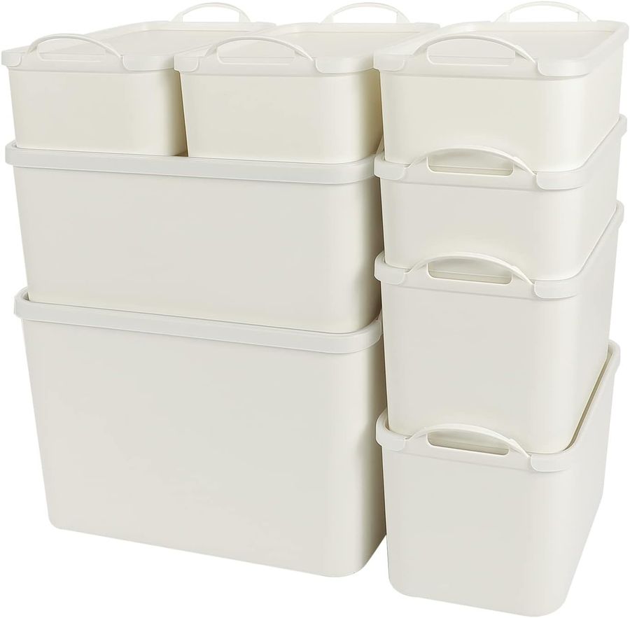 ANMINY 8PCS All-in-One Lidded Plastic Storage Bins Set White Basket Box Drawer Organizer Kitchen Food Container with Handles Removable Translucent Lids Decorative Laundry Closet Cabinet Shelf Cube added by Rachel Fedorov
