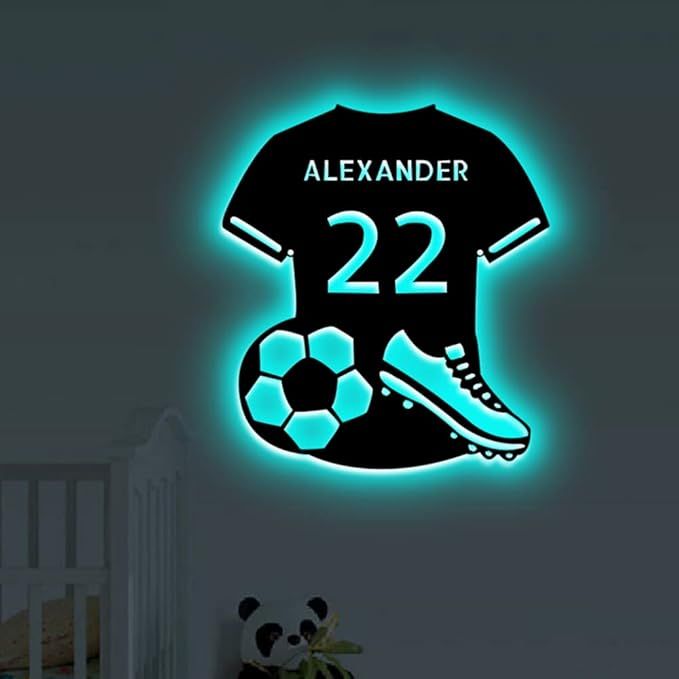 Personalized Soccer Jersey Neon Sign Custom Name & Number Soccer Night Light Wall Hanging Decoration Birthday Gift For Soccer Loving Son Kids Room Wall Art Soccer Jersey Wooden Lamp added by Courtney Hill
