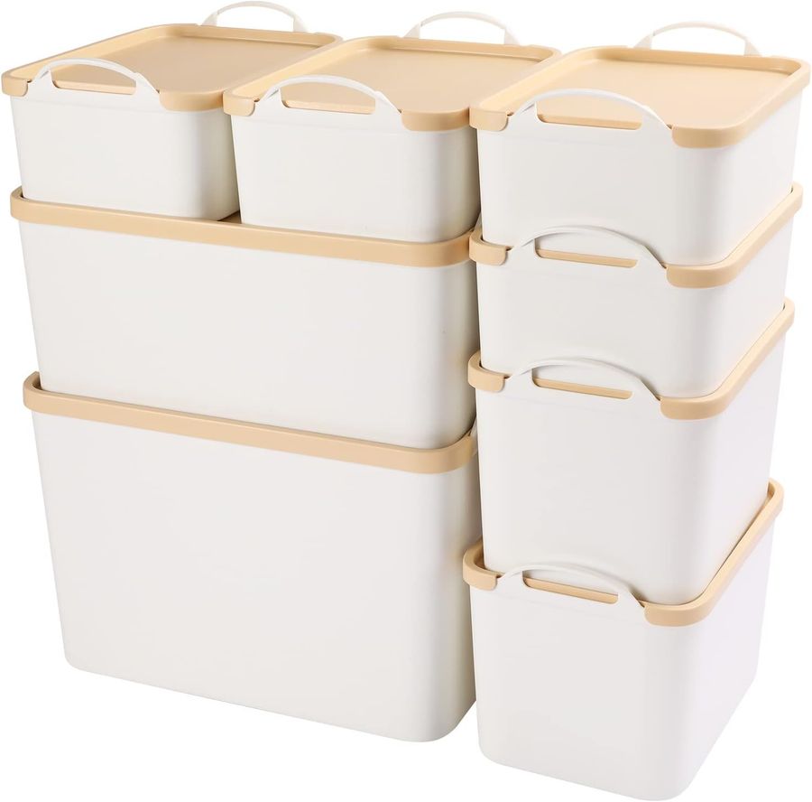 ANMINY 8PCS All-in-One Lidded Plastic Storage Bins Set White Desk Basket Box Drawer Organizer Kitchen Container with Handles Removable Lids Decorative Clothes Laundry Closet Cabinet Shelf Cube added by Rachel Fedorov