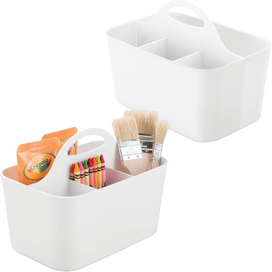 mDesign Plastic Portable Craft Storage Organizer Caddy Tote, Divided Basket Bin with Handle for Crafts, Sewing, Art Supplies - Holds Brushes, Colored Pencils - Lumiere Collection - 2 Pack - White added by Rachel Fedorov