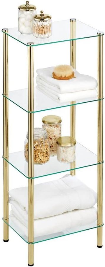 mDesign Tall 4-Tier Glass and Metal Freestanding Shelf Organizer Display Unit - Narrow Shelves for Bathroom, Kitchen, Bedroom, Office - Open Shelving for Book, Towel, and Handbags - Soft Brass/Clear added by Alivia Korsun